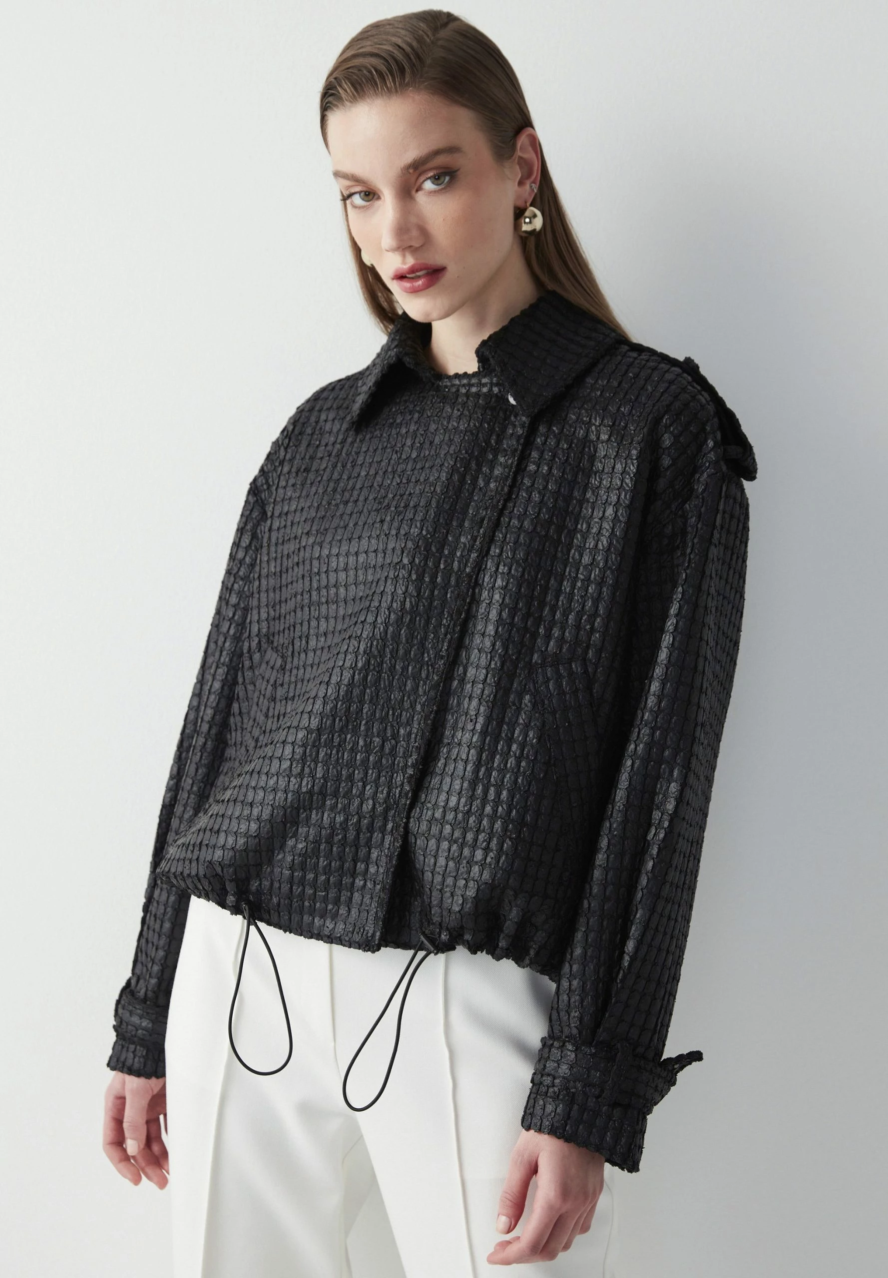 Ipekyol Relaxed Fit Textured Adjustable Waist Coat - Lichte Jas - Black 7 Ipekyol Relaxed Fit Textured Adjustable Waist Coat - Lichte Jas - Black - Afbeelding 5