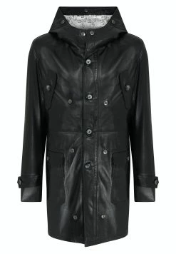 Hooded Leather Coat - Trenchcoat - Black -ONLY shop 9328af4ca2d04c23a79a266c9ff088b2