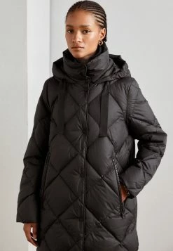 Marc O'Polo Coat Fixed Hood Side Slits Zipper Pockets Logo Tapes - Donsjas - Black