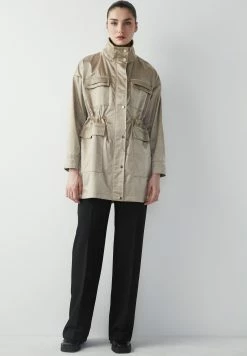 Ipekyol Relaxed Fit Shiny Textured Waist-Accentuated Coat - Parka - Beige -ONLY shop d43554ce49034df2b47982e510db1fea